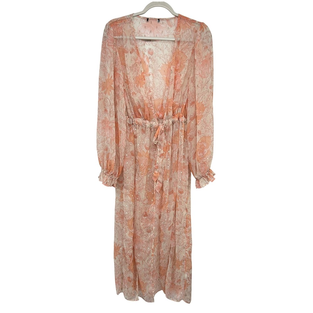 Fairy Sheer Floral Maxi Tie Front Dress Cardigan S Peach Romantic Boho Ethereal